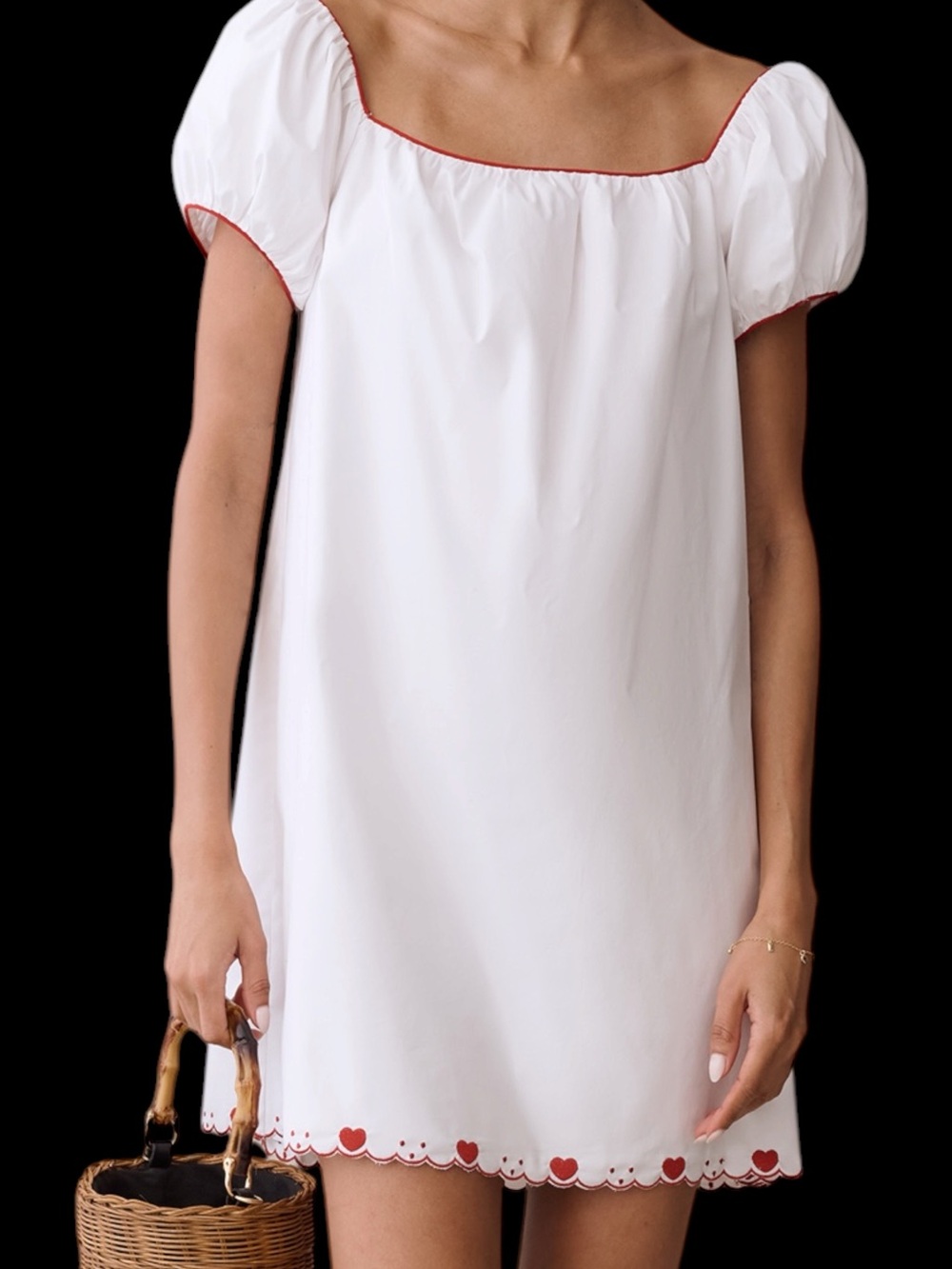 Sorella Few Moda Nya Cotton Mini Dress White Puff-Sleeves Heart Scallop Trim NWT